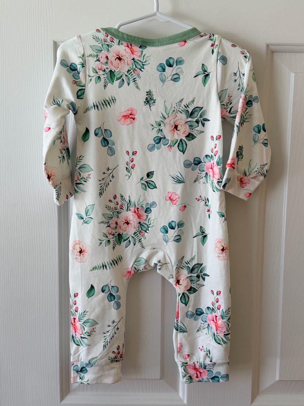 Floral Bow Snap-Front Baby One-Piece - White & Green - Picture 2 of 2